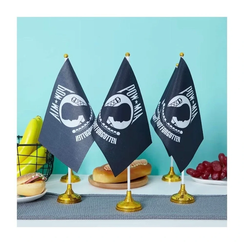 WXTWK 10 Pack POW MIA Desktop Table Flags with Golden Bases, 5.5 x 8.2 Inch Mini